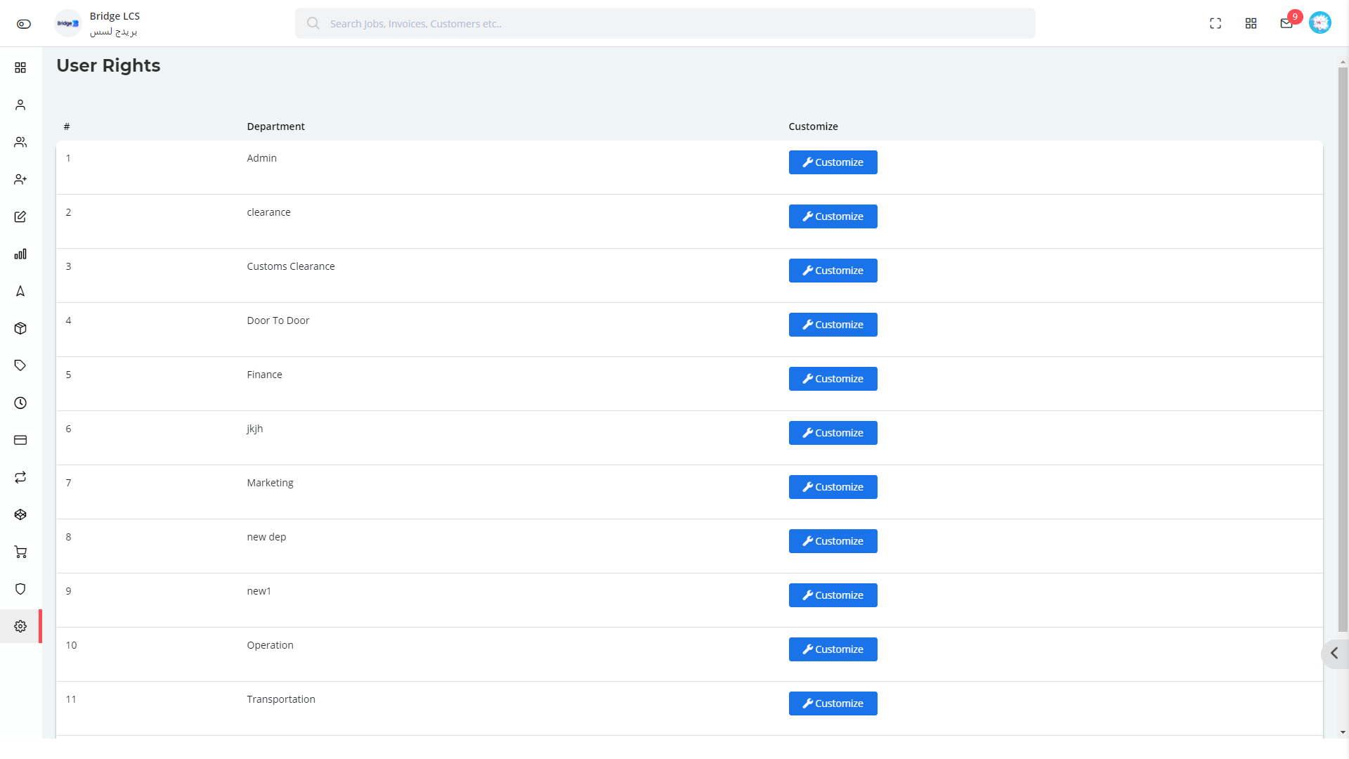 User Rights list in Bridge LCS Software