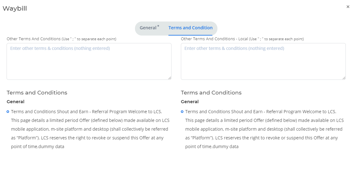 Terms and Conditions can be modified in Waybill