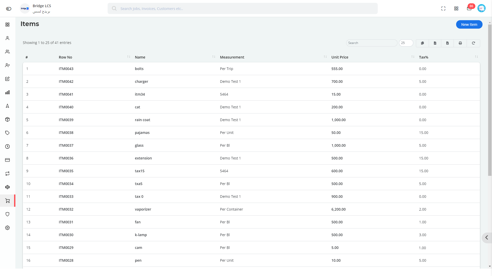 Stock Items in Bridge LCS Freight Broker Software