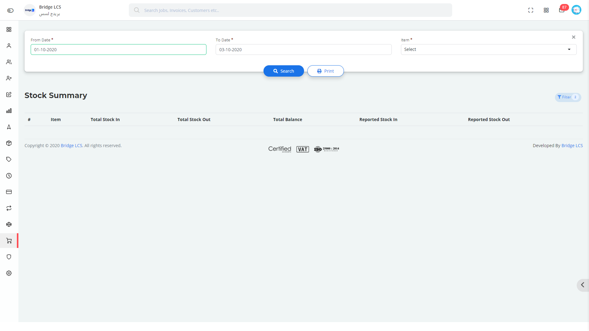 Stock Summary in Bridge LCS ERP For Logistics Company