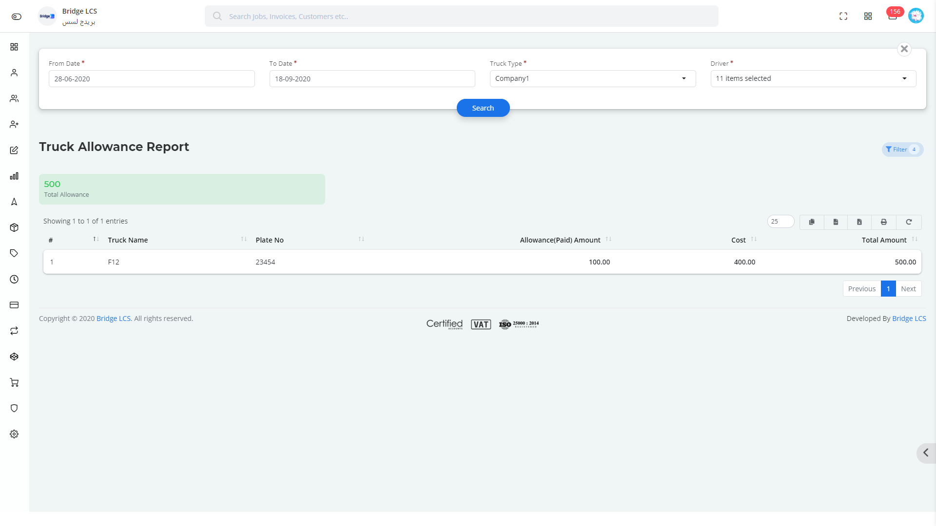 Truck Allowance Report In Bidge LCS Cloud Based Logistics Software