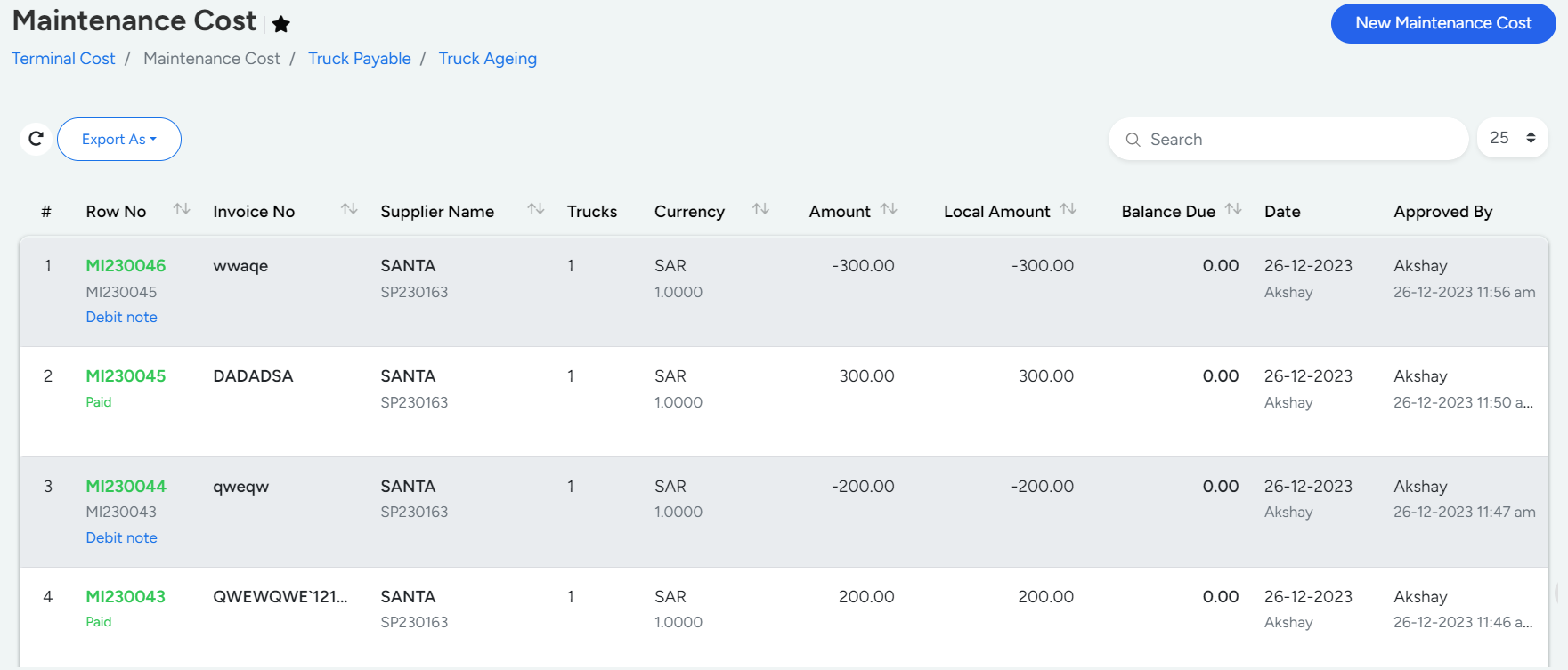 Maintenance Cost In Bridge LCS Logistics Software