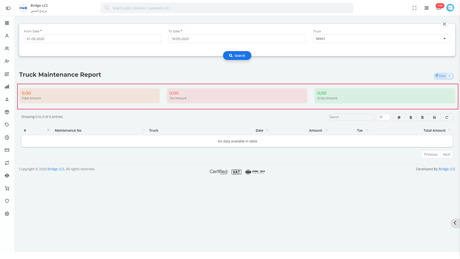 Truck Maintenance Report in Bridge LCS Logistics Optimization Software